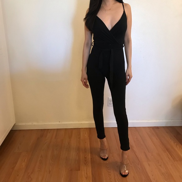 Kourt Black Surplice Tie Waist Jumpsuit - Picture 2 of 8